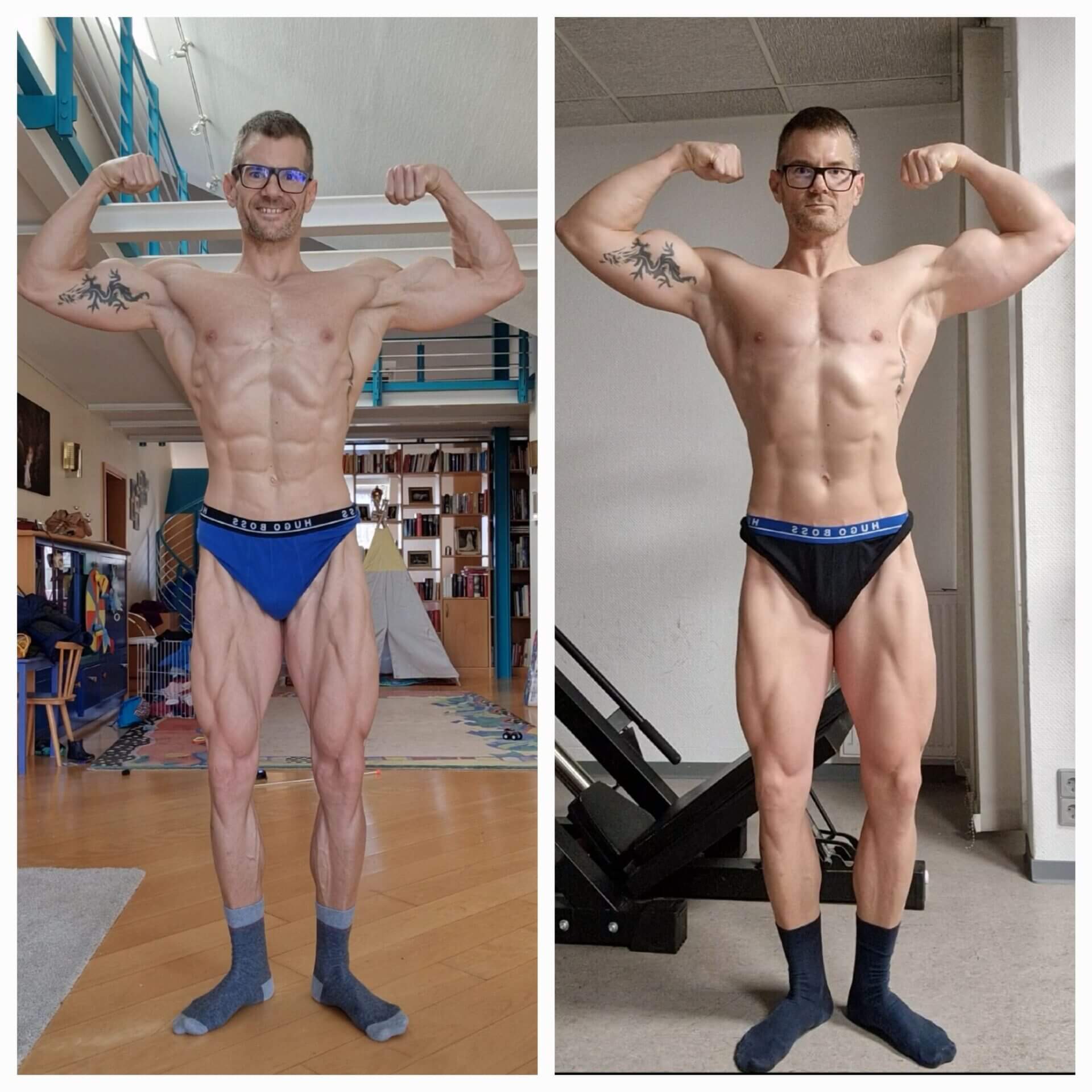 Zwei Bilder des Bodybuilders Andreas Ebert zeigen, wie stark sich allein der Körperfettanteil darauf auswirkt, wie muskulös jemand erscheint.