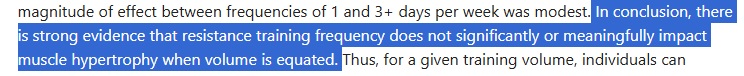 Screenshot einer Schlussfolgerung aus der Schoenfeld-Metaanalyse zur Frequenz im Hinblick auf Hypertrophie.