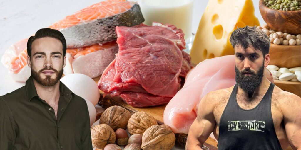 Menno Henselmans und Milo Wolf vor einer Ansammlung unterschiedlicher Protein-Quellen in der Debatte um die optimale Proteinmenge.